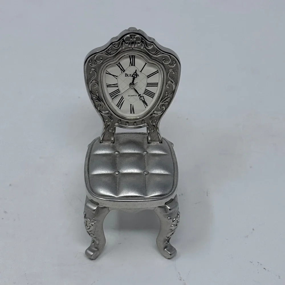 Bulova Miniature Chair Clock Silver Tone Metal Quartz Vintage Collectible Decor
